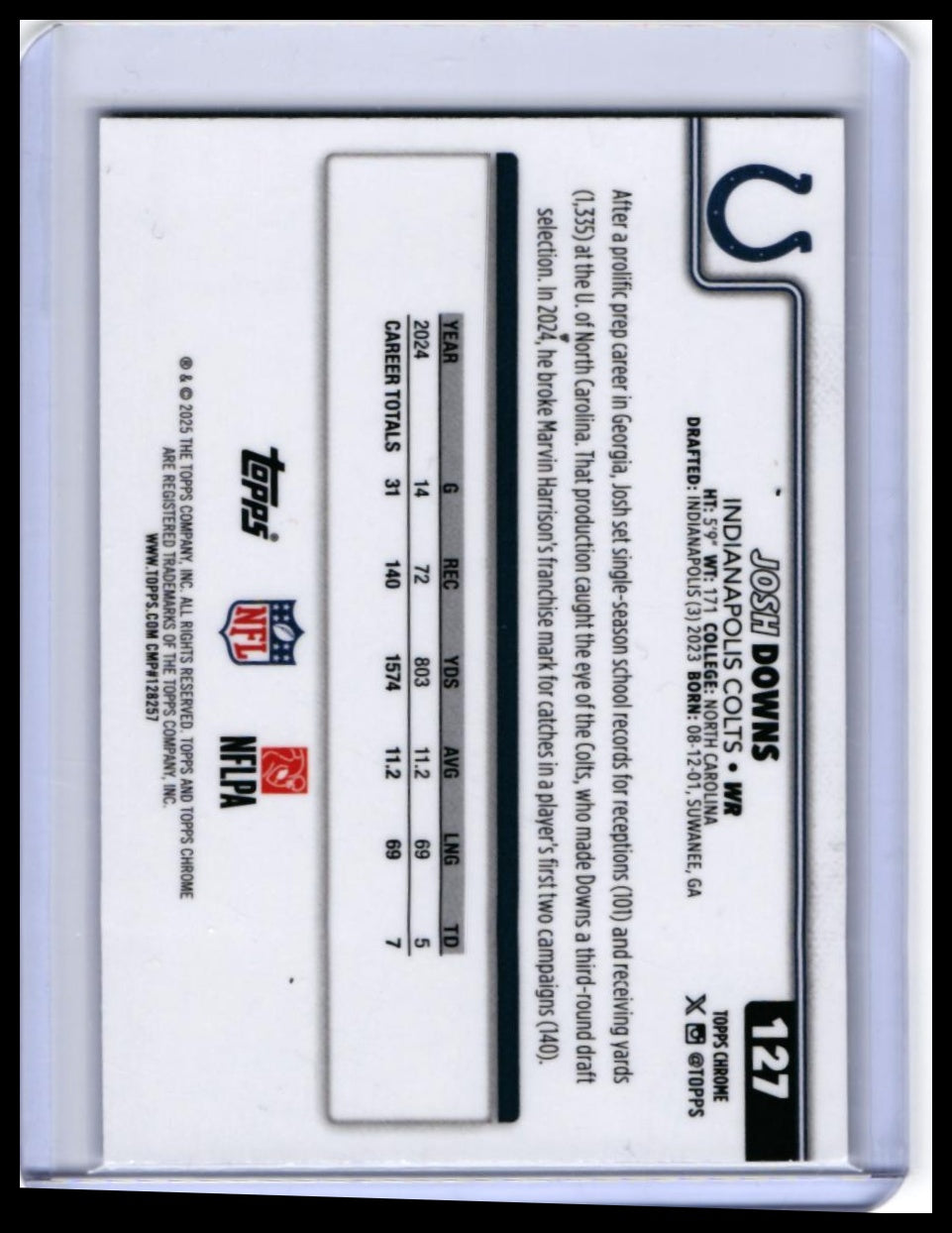 2025 Topps Chrome Josh Downs #127 Purple Refractor /75 Indianapolis Colts WR — back