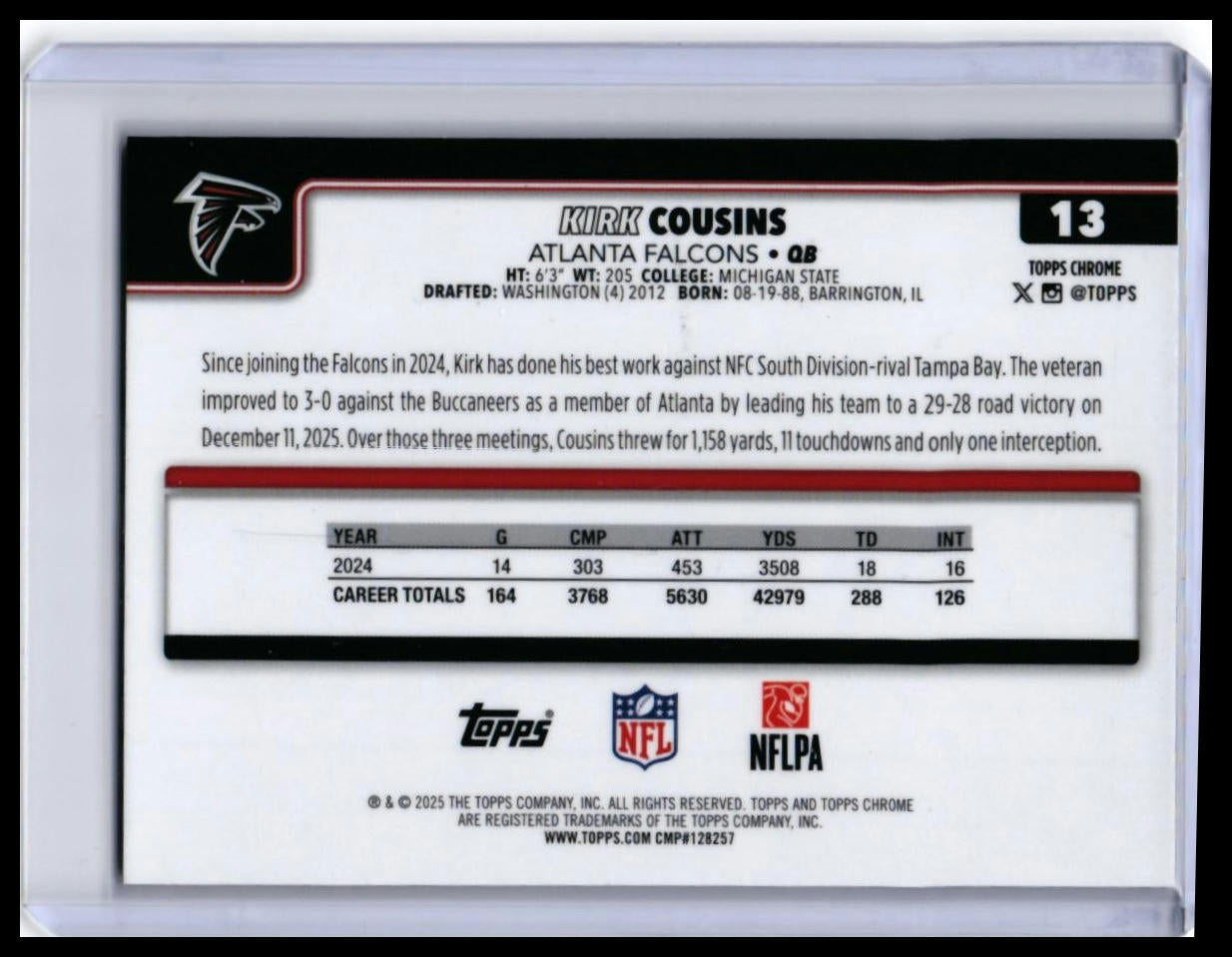 2025 Topps Chrome Kirk Cousins #13 Red Parallel Atlanta Falcons — back