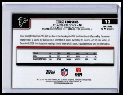 2025 Topps Chrome Kirk Cousins #13 Red Parallel Atlanta Falcons — back
