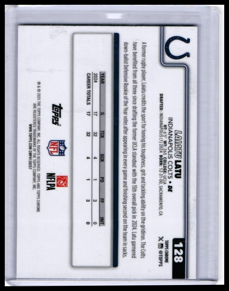 2025 Topps Chrome Laiatu Latu #128 Indianapolis Colts DE Refractor Parallel — back