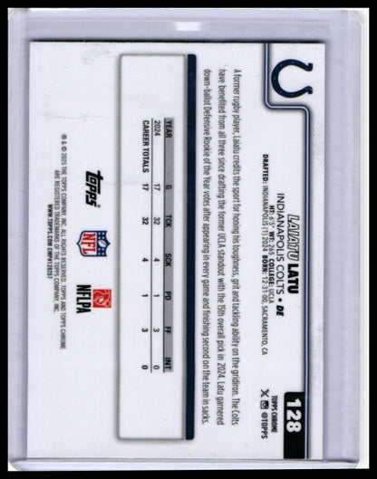 2025 Topps Chrome Laiatu Latu #128 Indianapolis Colts DE Refractor Parallel — back
