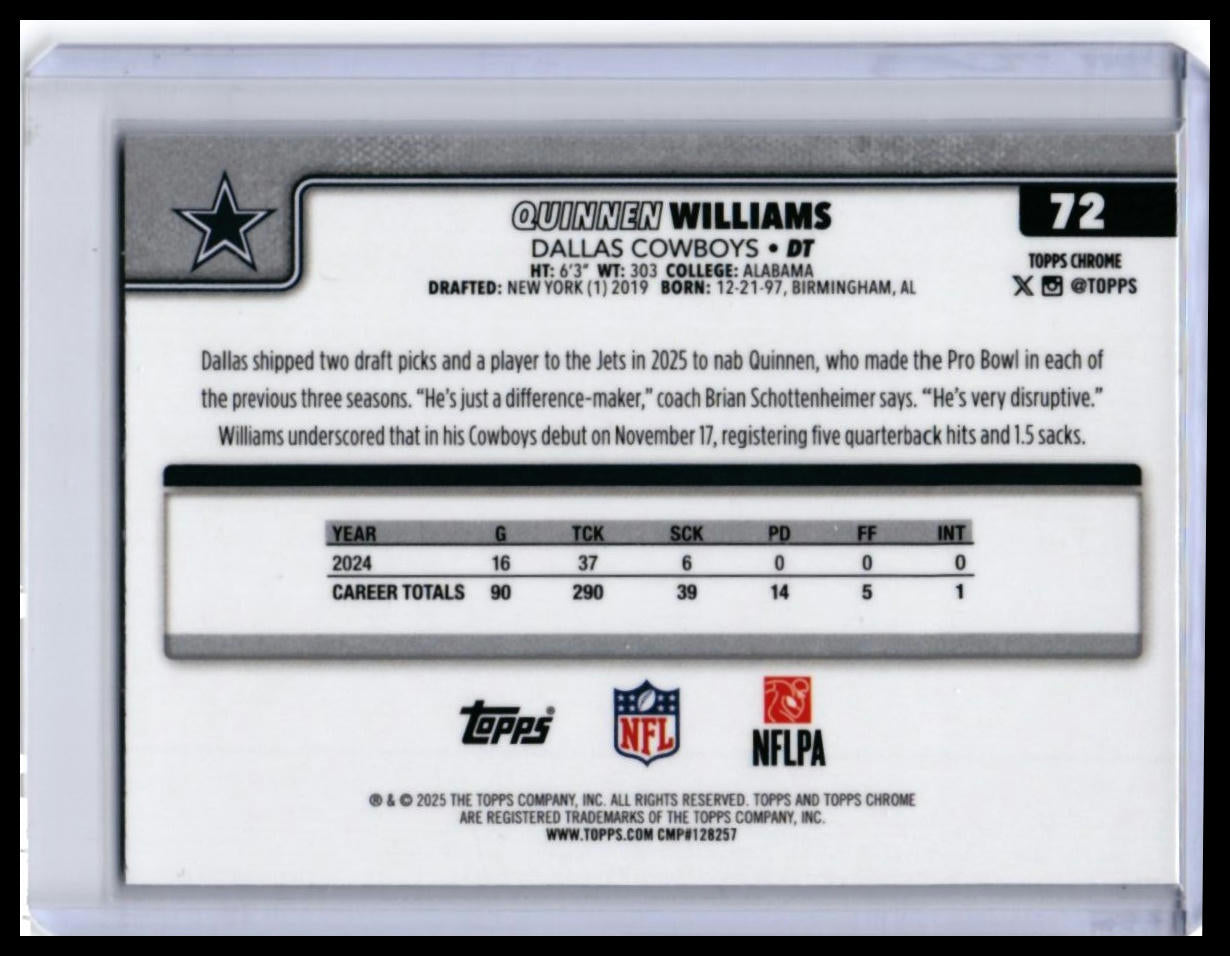 2025 Topps Chrome Quinnen Williams #72 Dallas Cowboys DT — back