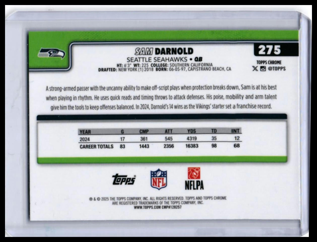2025 Topps Chrome Sam Darnold #275 Purple Refractor /75 Seattle Seahawks — back