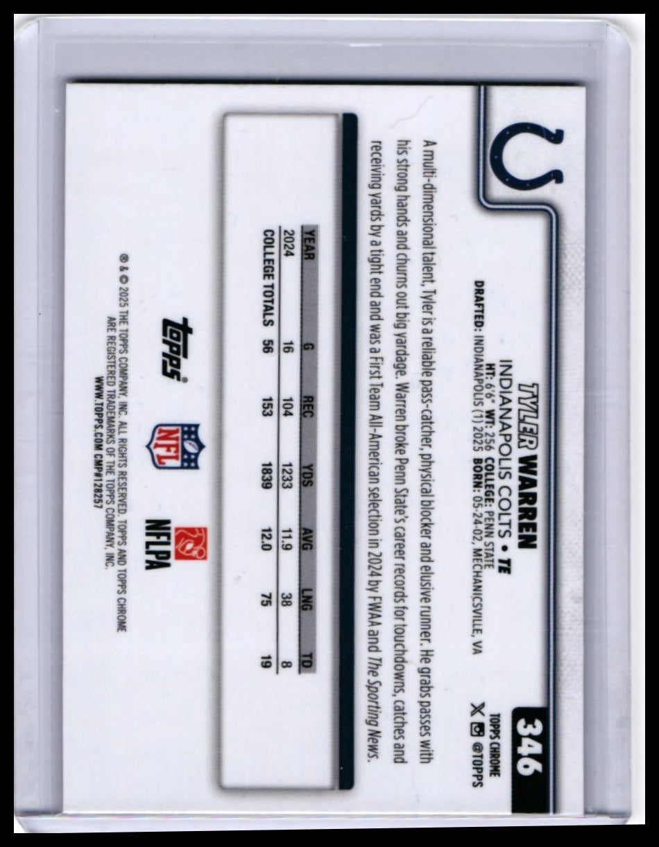 2025 Topps Chrome Tyler Warren RC #346 Pink Xfractor Refractor Colts Rookie — back