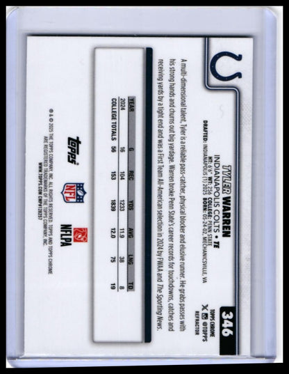 2025 Topps Chrome Tyler Warren RC #346 Refractor Indianapolis Colts Rookie — back