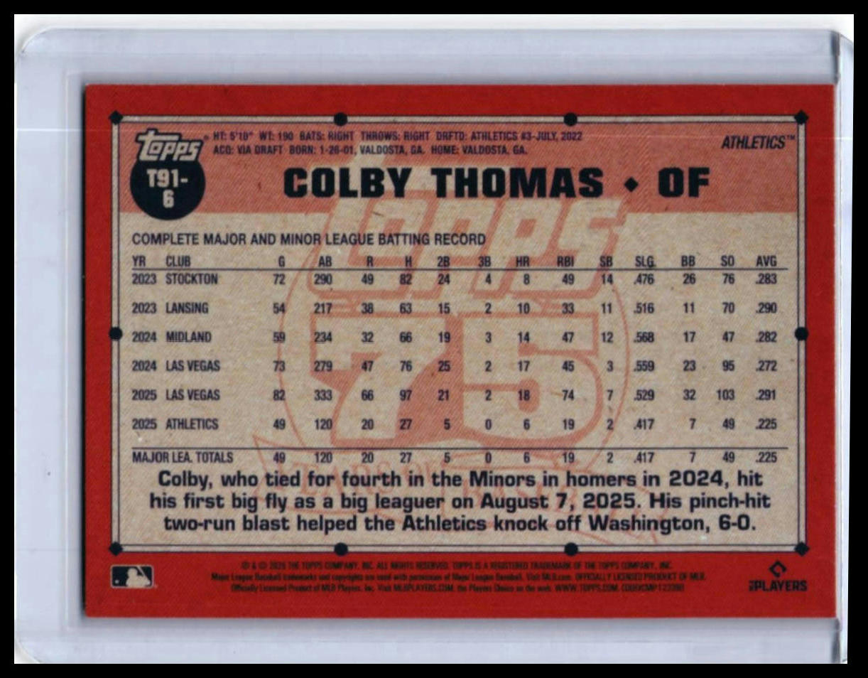 2025 Topps Colby Thomas RC #T91-6 Oakland Athletics — back