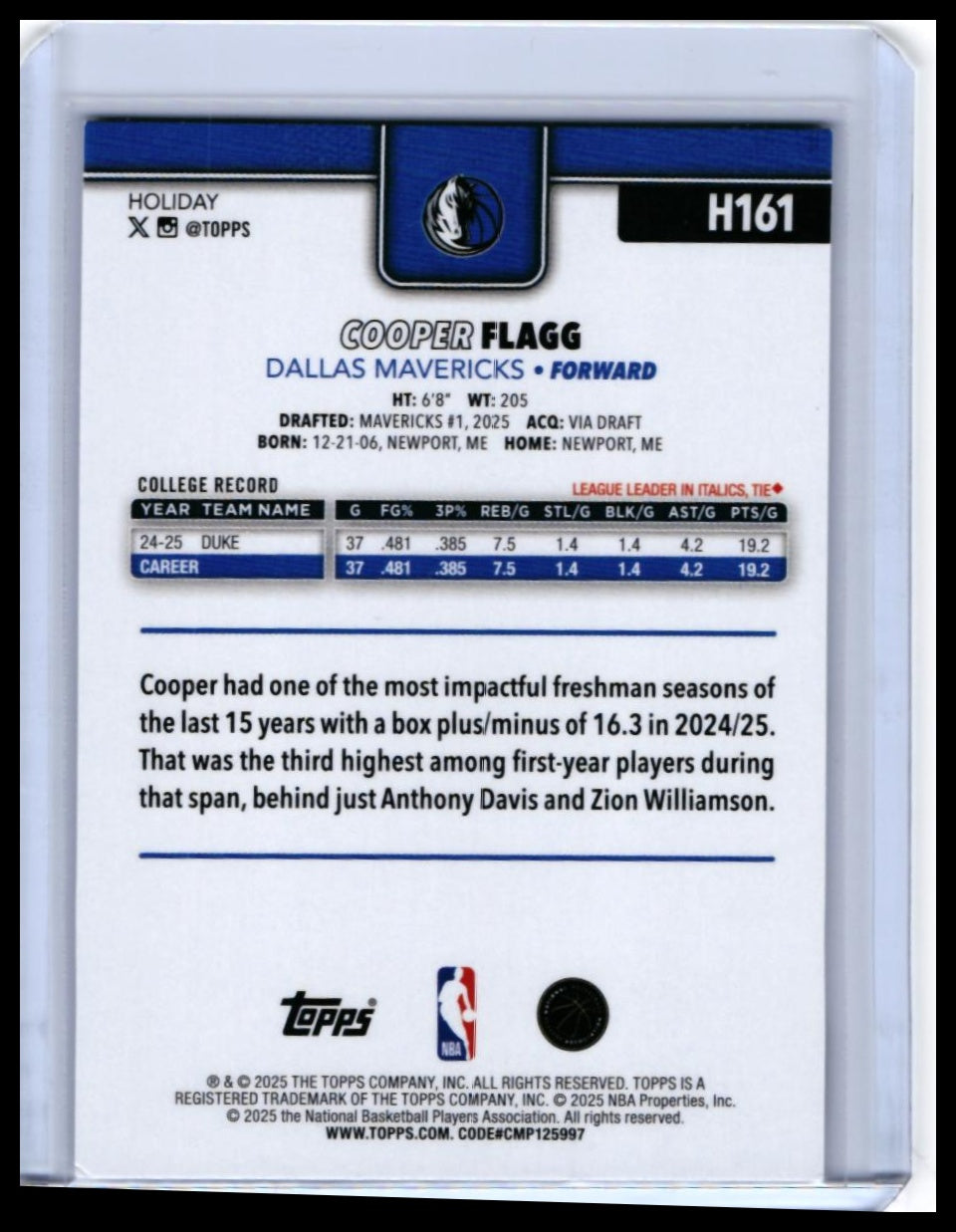 2025 Topps Holiday Cooper Flagg RC #H161 Dallas Mavericks Rookie — back