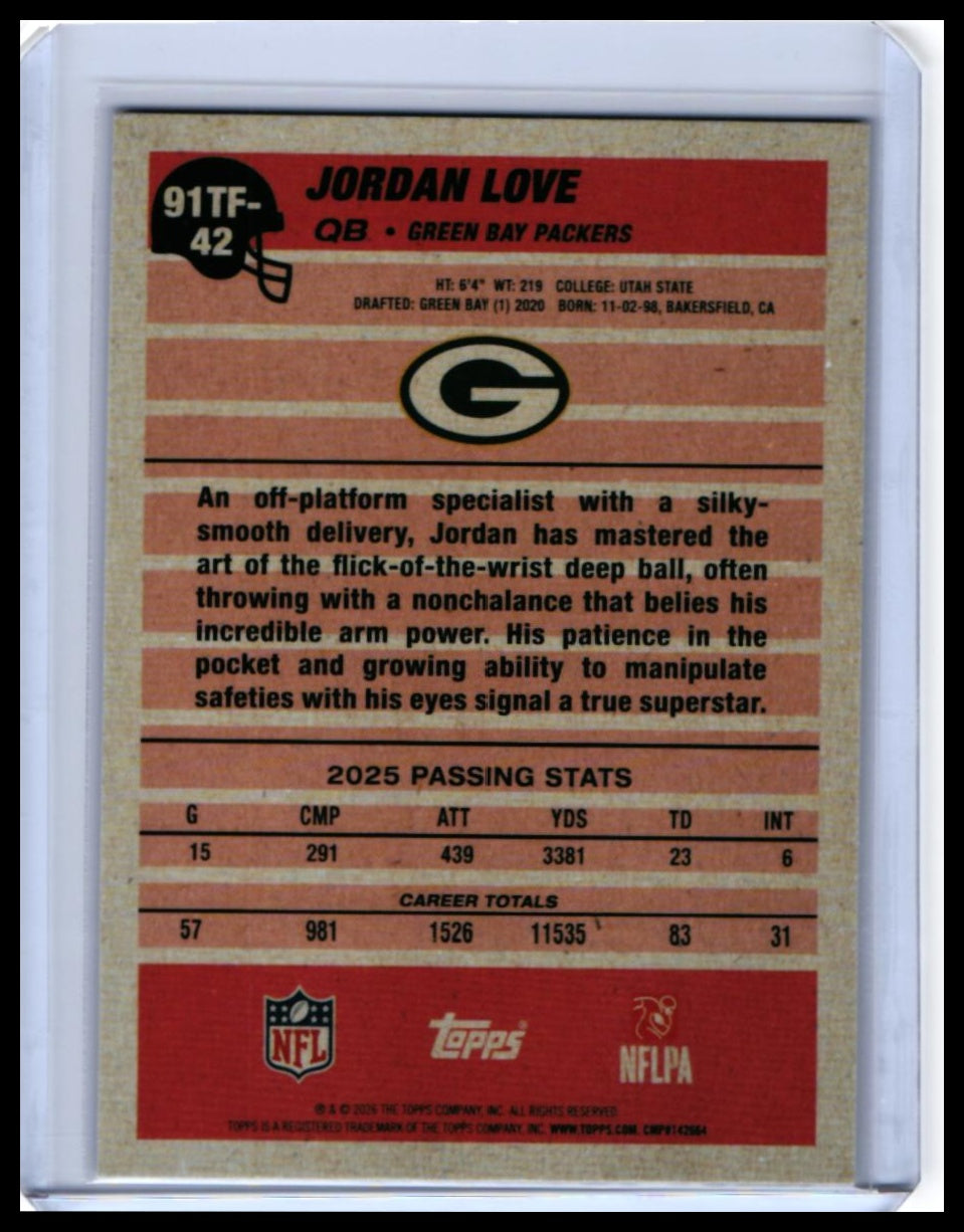2025 Topps Jordan Love #91TF-42 '91 Topps Football Insert Cracked Ice Packers — back