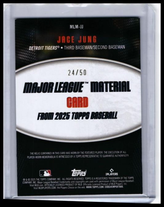 2025 Topps Major League Material Jace Jung RC Relic #MLM-JJ /50 Tigers — back