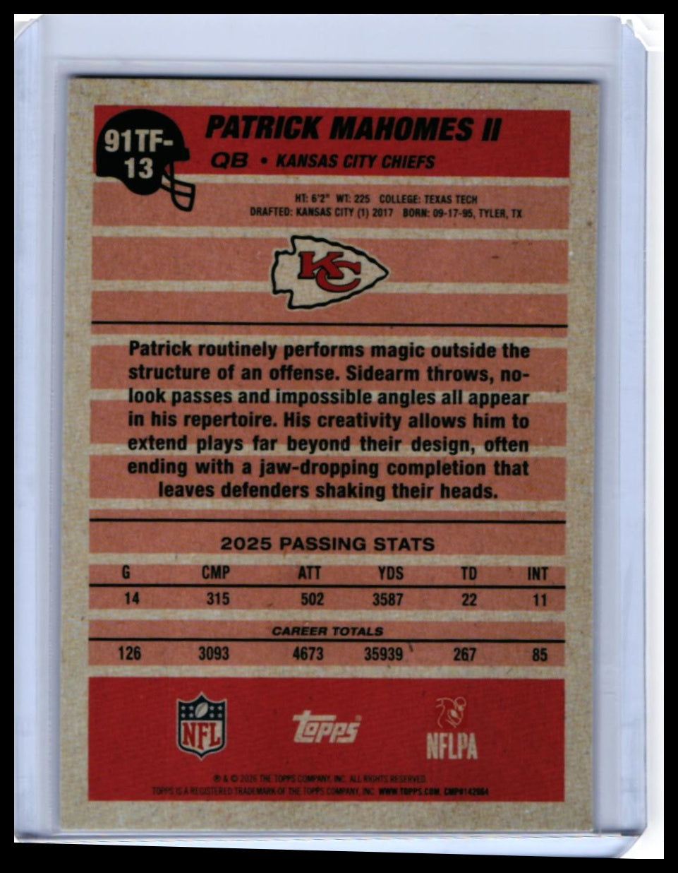 2025 Topps Patrick Mahomes II 1991 Throwback Cracked Ice #91TF-13 Chiefs QB — back