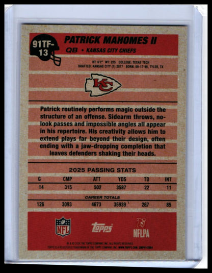 2025 Topps Patrick Mahomes II 1991 Throwback Cracked Ice #91TF-13 Chiefs QB — back