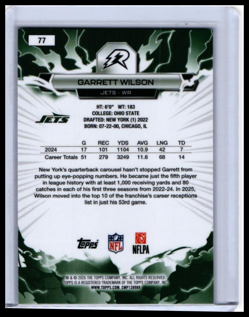 2025 Topps Reign Garrett Wilson #77 New York Jets Lightning Parallel — back