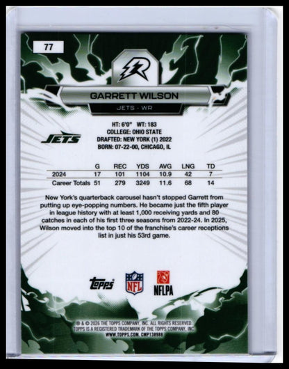 2025 Topps Reign Garrett Wilson #77 New York Jets Lightning Parallel — back