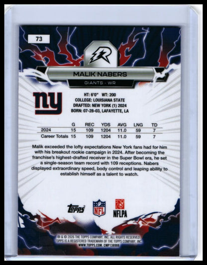 2025 Topps Reign Malik Nabers #73 New York Giants — back