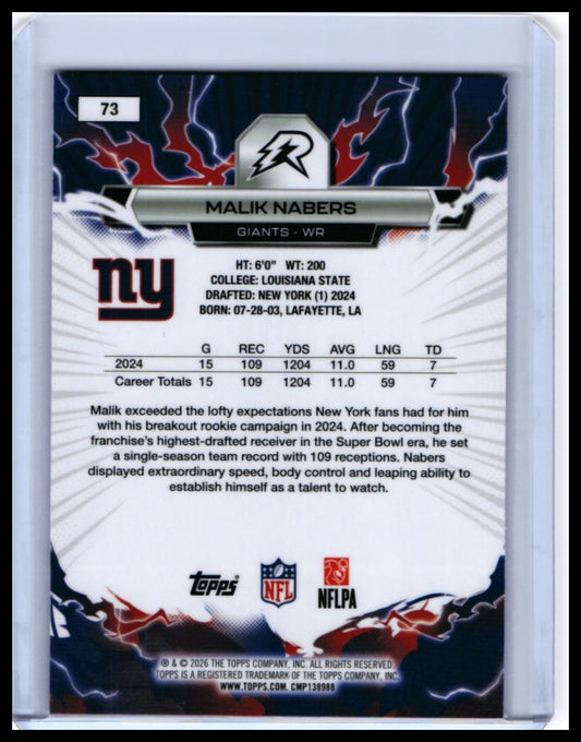 2025 Topps Reign Malik Nabers #73 New York Giants — back
