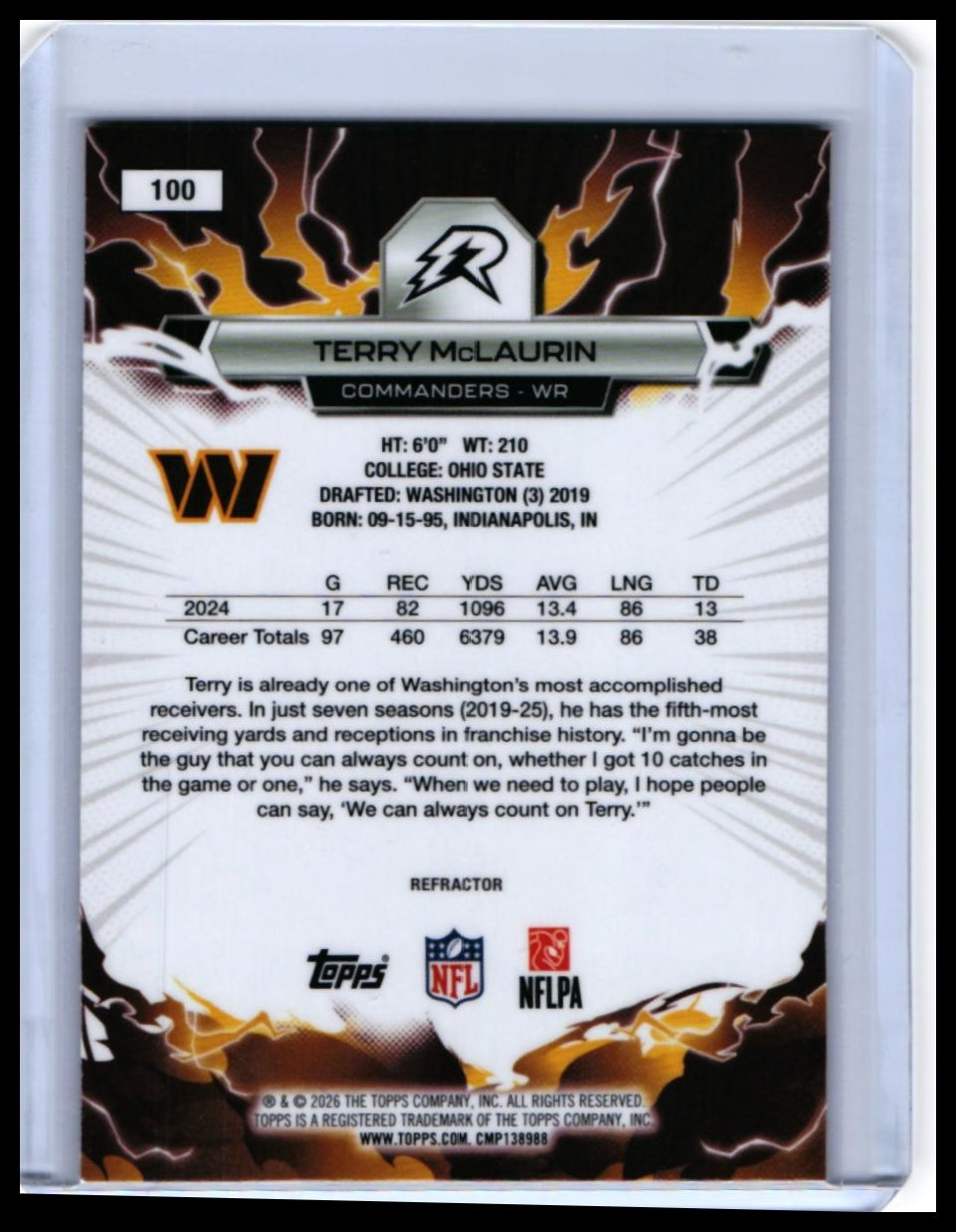 2025 Topps Reign Terry McLaurin #100 Refractor Washington Commanders — back