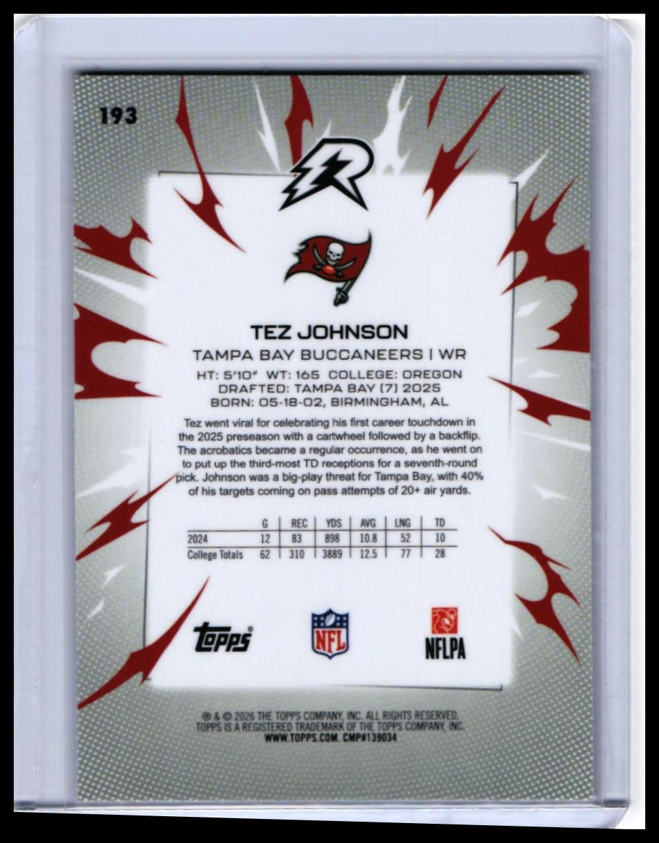 2025 Topps Reign Tez Johnson RC #193 Blue/Red Shatter Parallel Buccaneers — back