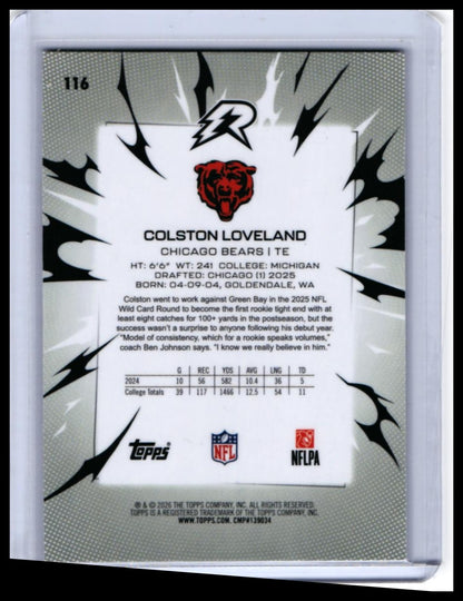 2025 Topps Reserve Colston Loveland RC #116 /425 Chicago Bears Rookie — back