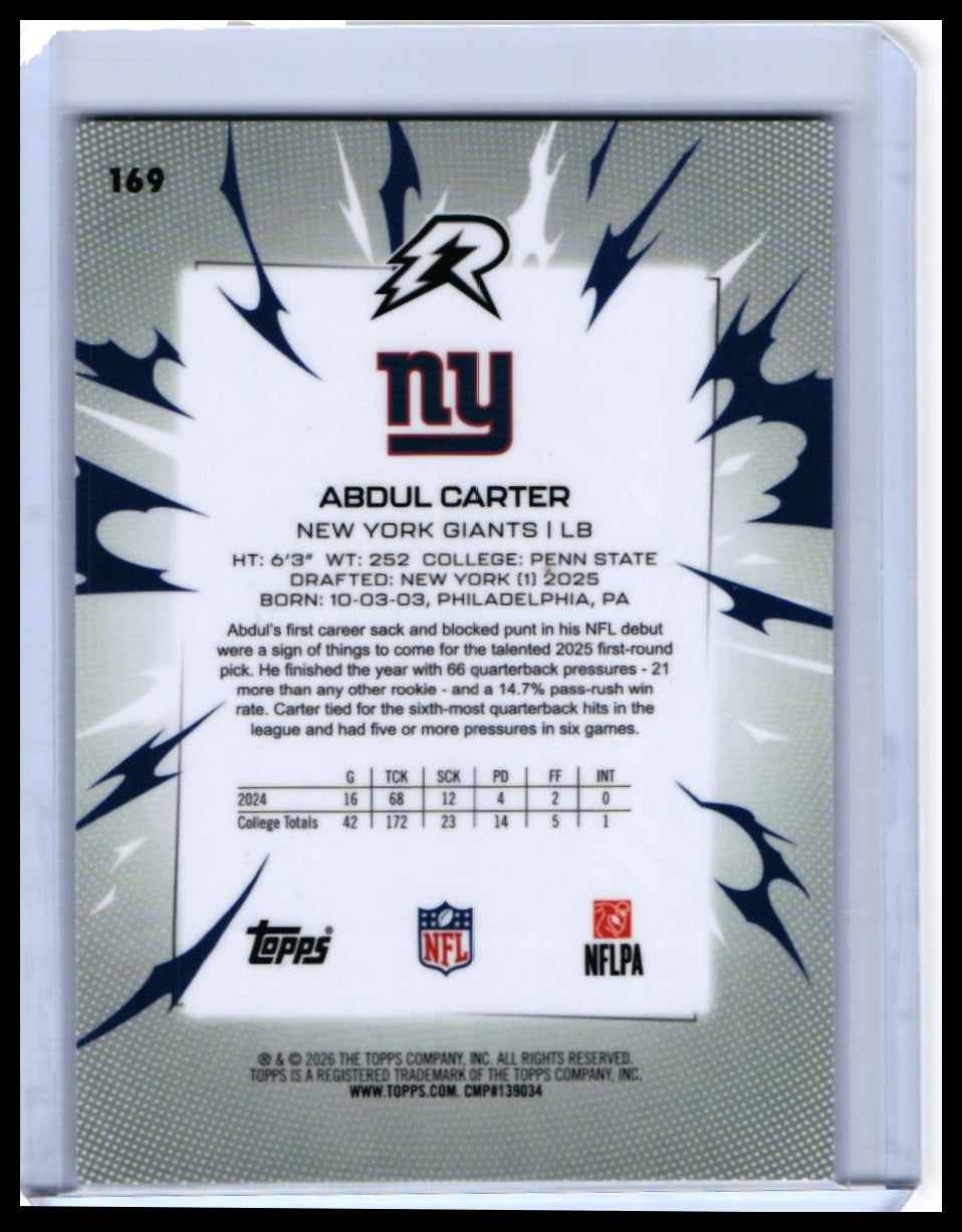 2025 Topps Ricochet Abdul Carter RC #169 New York Giants Rookie — back