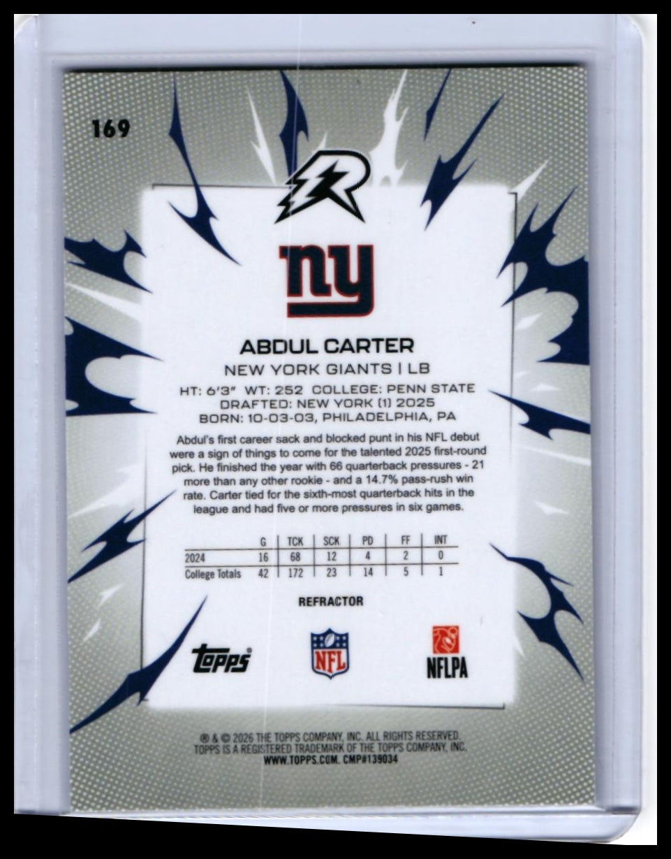 2025 Topps Ricochet Abdul Carter RC #169 Refractor New York Giants Rookie — back
