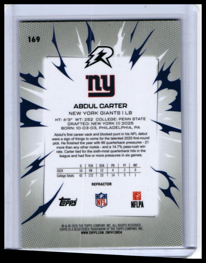 2025 Topps Ricochet Abdul Carter RC #169 Refractor New York Giants Rookie — back