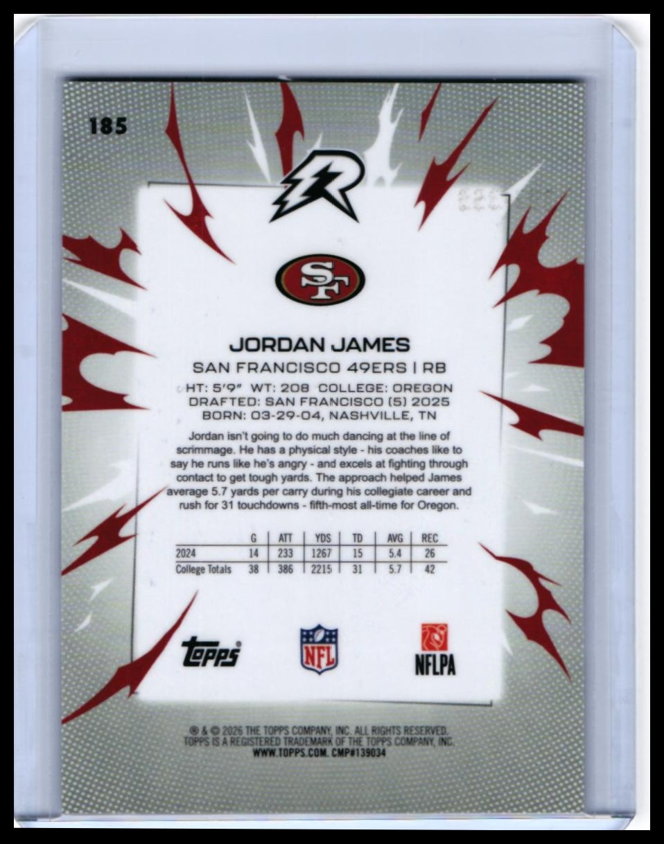 2025 Topps Riot Jordan James RC #185 Maroon/Gold Parallel /399 49ers — back