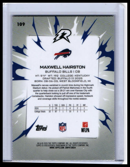 2025 Topps Riot Maxwell Hairston RC #109 Buffalo Bills Rookie Card — back
