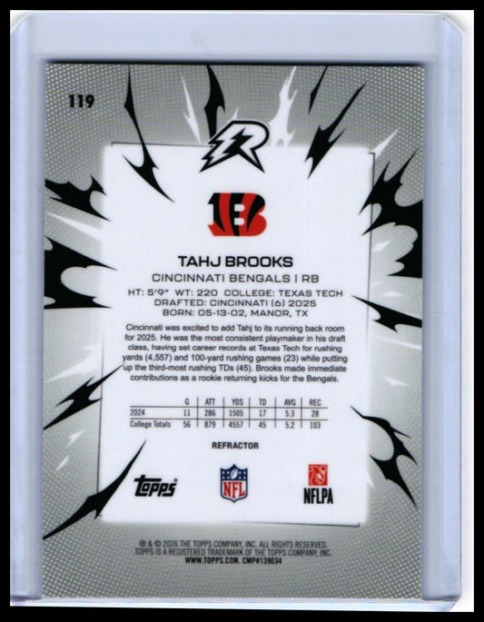 2025 Topps Riot Tahj Brooks RC #119 Refractor Cincinnati Bengals Rookie — back