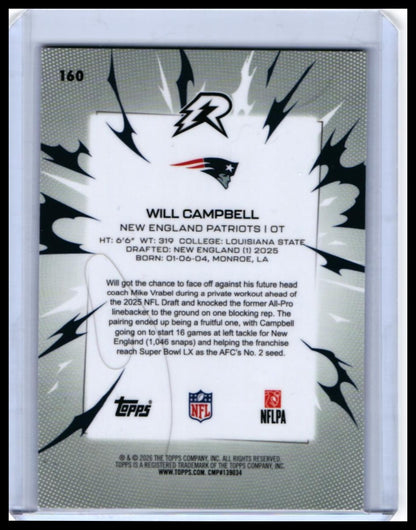 2025 Topps Riot Will Campbell RC #160 New England Patriots Rookie — back