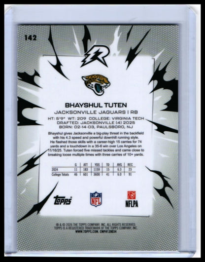 2025 Topps Rocket Bhayshul Tuten RC #142 Jacksonville Jaguars Rookie — back