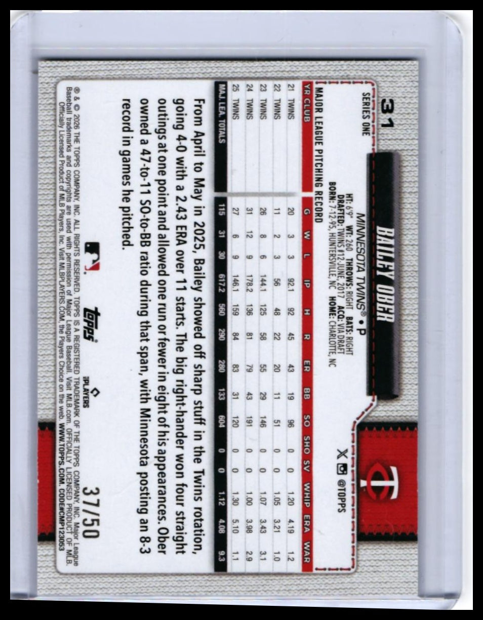 2025 Topps Series 1 Bailey Ober #37 Minnesota Twins Pitcher — back
