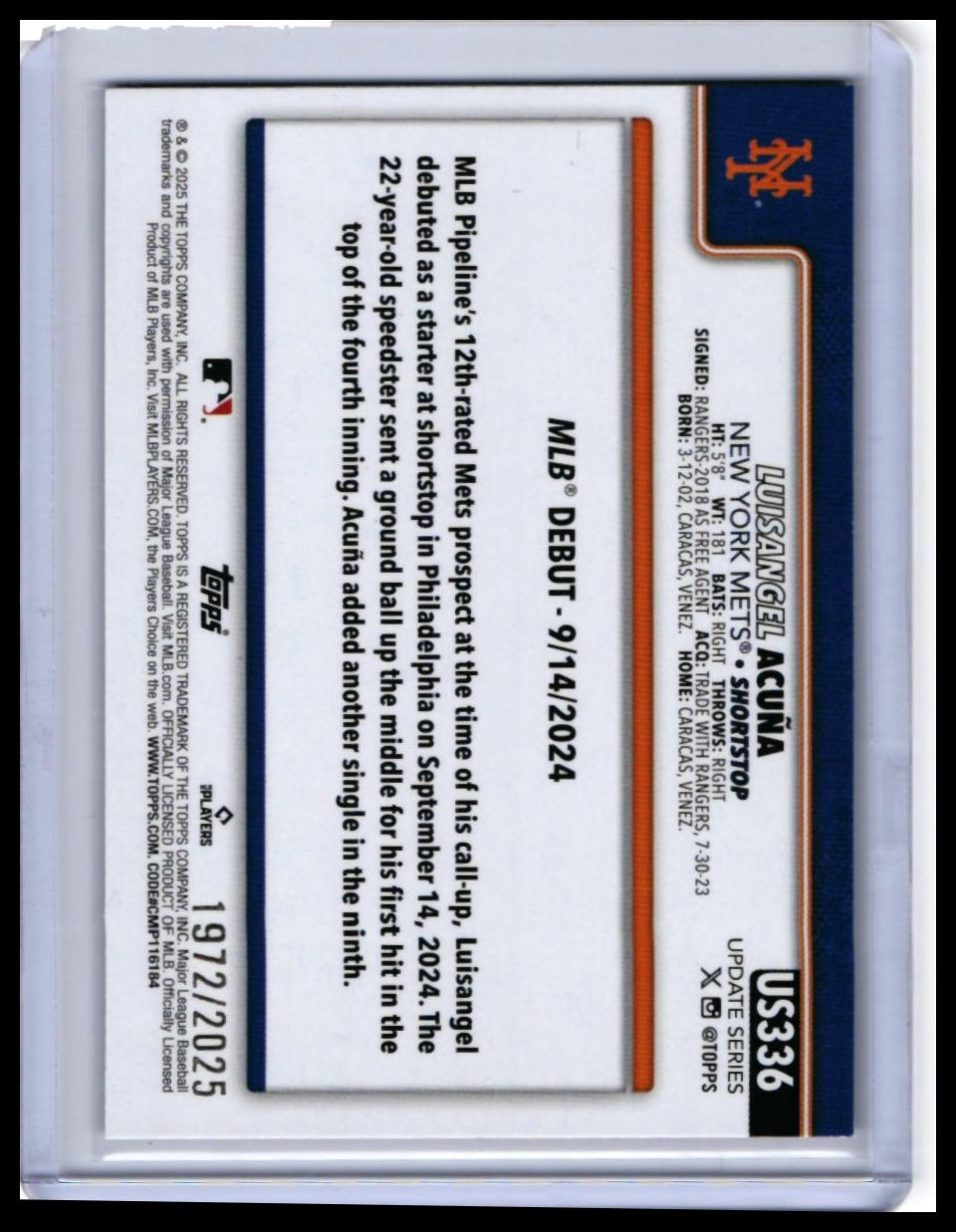 2025 Topps Series 1 Luisangel Acuña RC #326 New York Mets — back