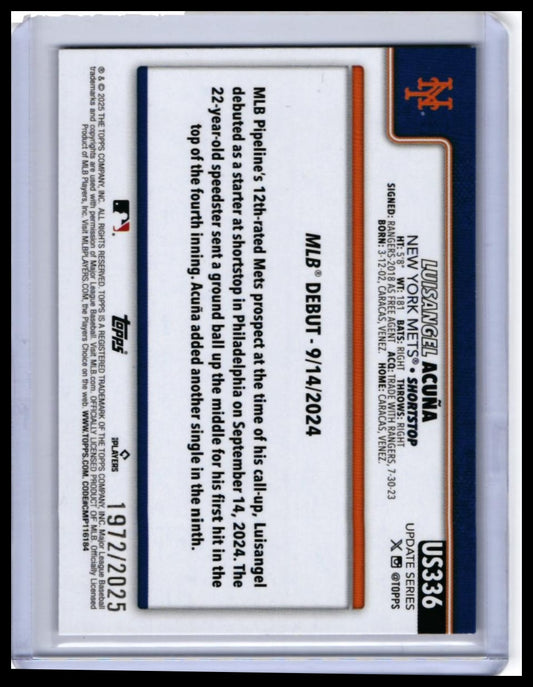 2025 Topps Series 1 Luisangel Acuña RC #326 New York Mets — back