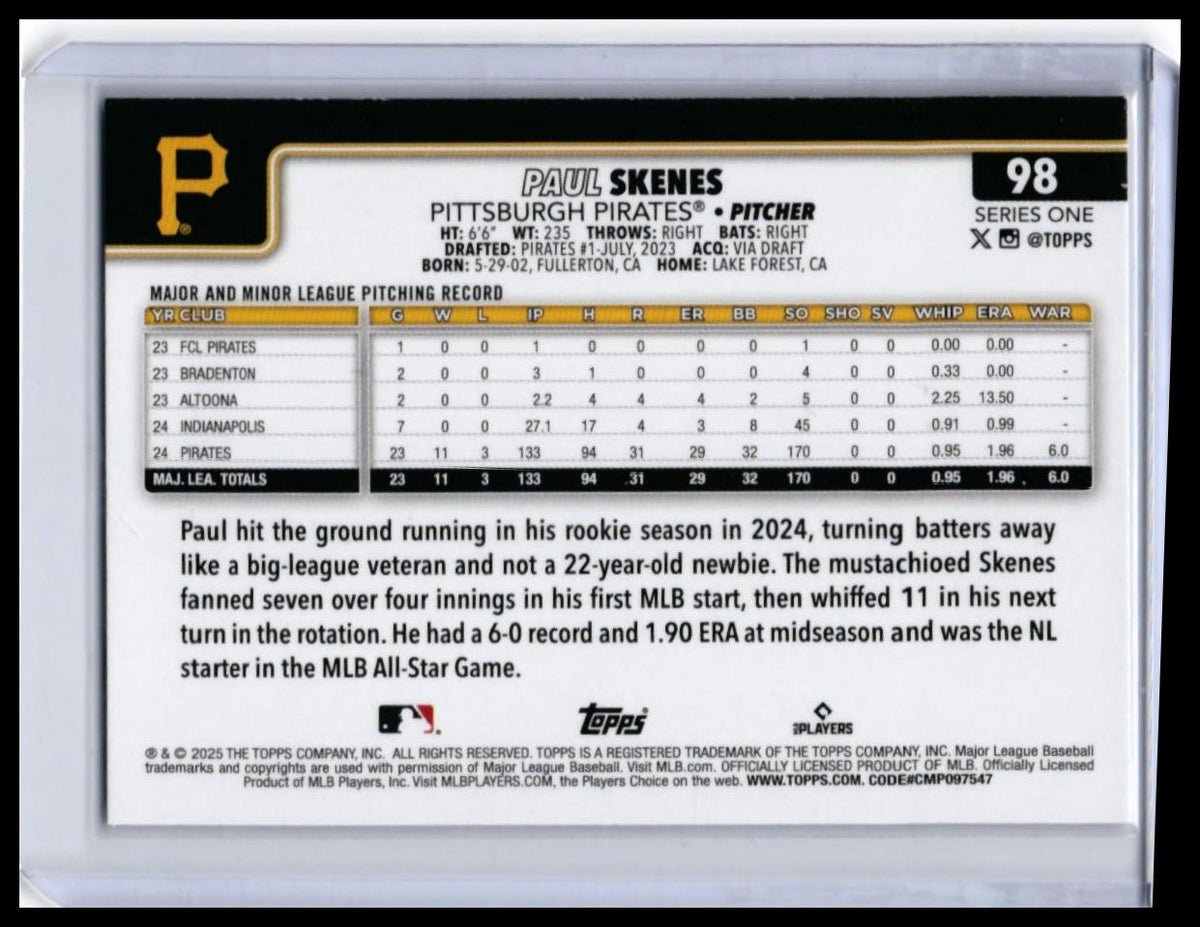 2025 Topps Series One Paul Skenes #98 Pittsburgh Pirates All-Star — back