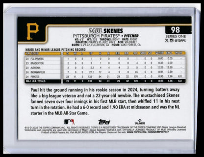 2025 Topps Series One Paul Skenes #98 Pittsburgh Pirates All-Star — back