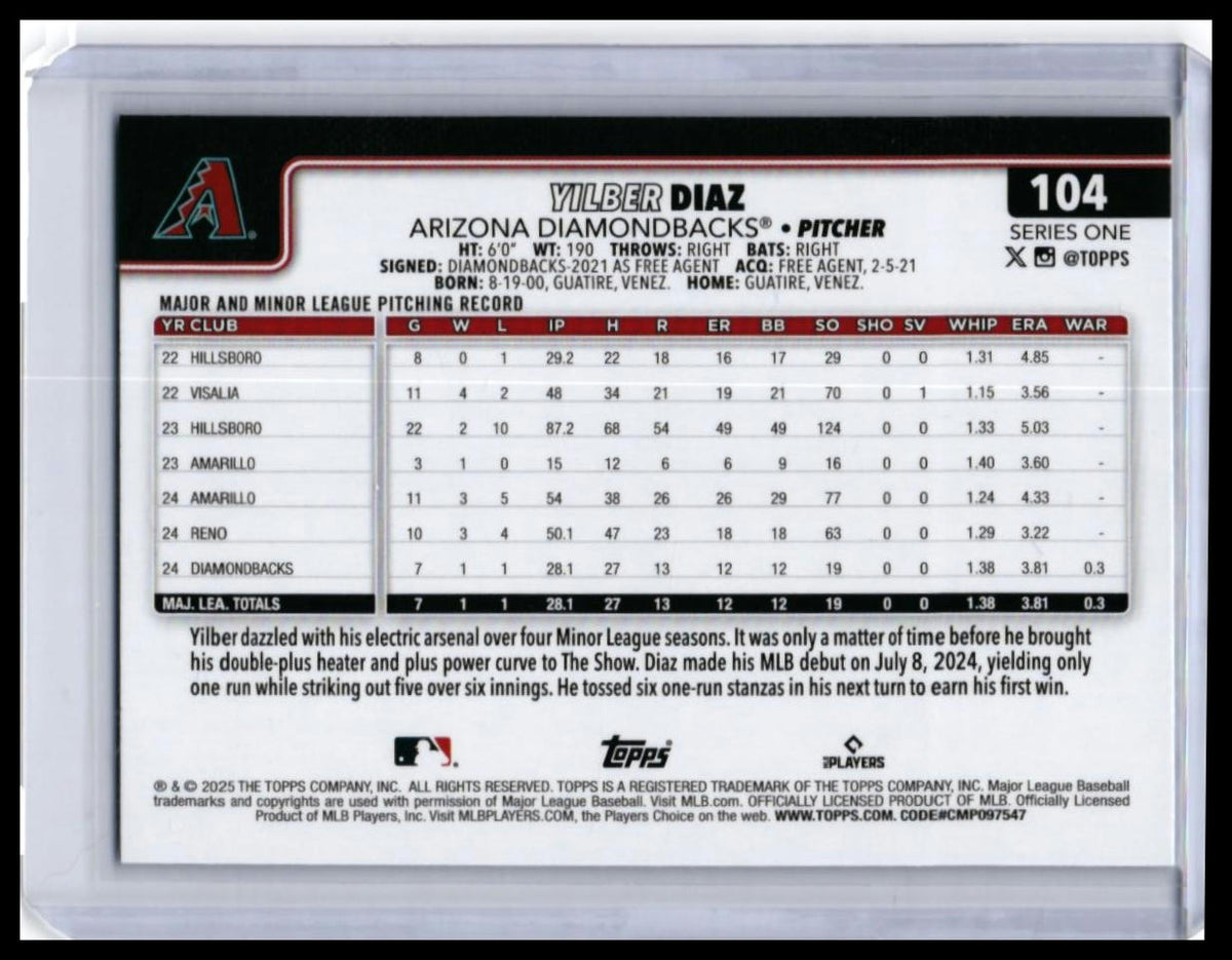 2025 Topps Series One Yilber Diaz RC #104 Sparkle Foil Parallel Diamondbacks — back