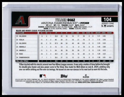 2025 Topps Series One Yilber Diaz RC #104 Sparkle Foil Parallel Diamondbacks — back