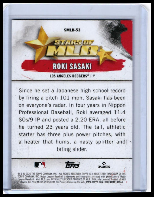 2025 Topps Stars of MLB Roki Sasaki RC #SMLB-53 Los Angeles Dodgers — back