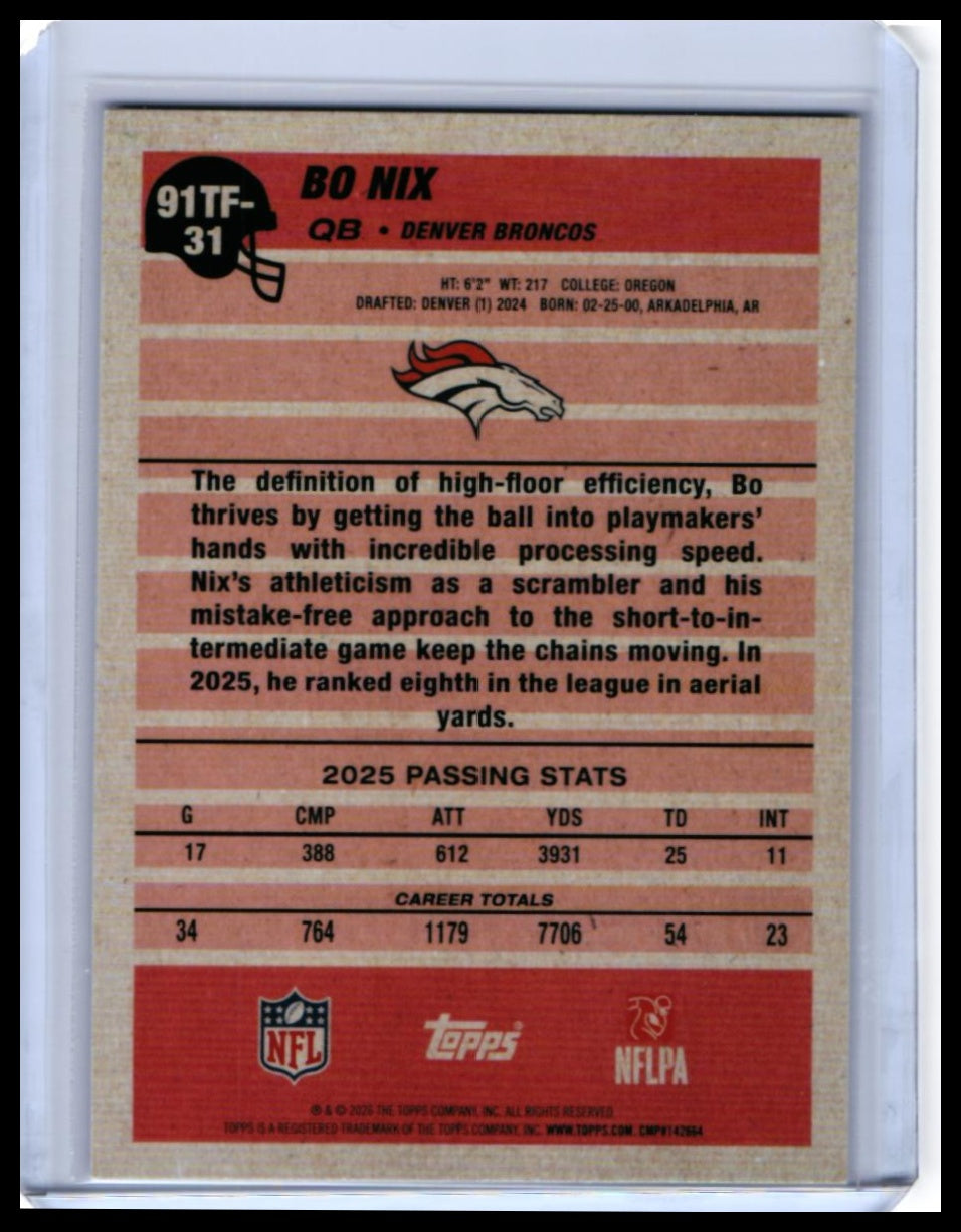 2025 Topps Turkey Red 35th Anniversary Bo Nix #91TF-31 Denver Broncos — back