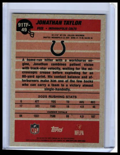 2025 Topps Turkey Red Jonathan Taylor Crystal Foilboard #91TF-49 Colts RB — back