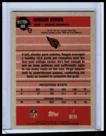 2025 Topps Turkey Red Reggie Virgil RC #91TR-40 Arizona Cardinals Rookie — back