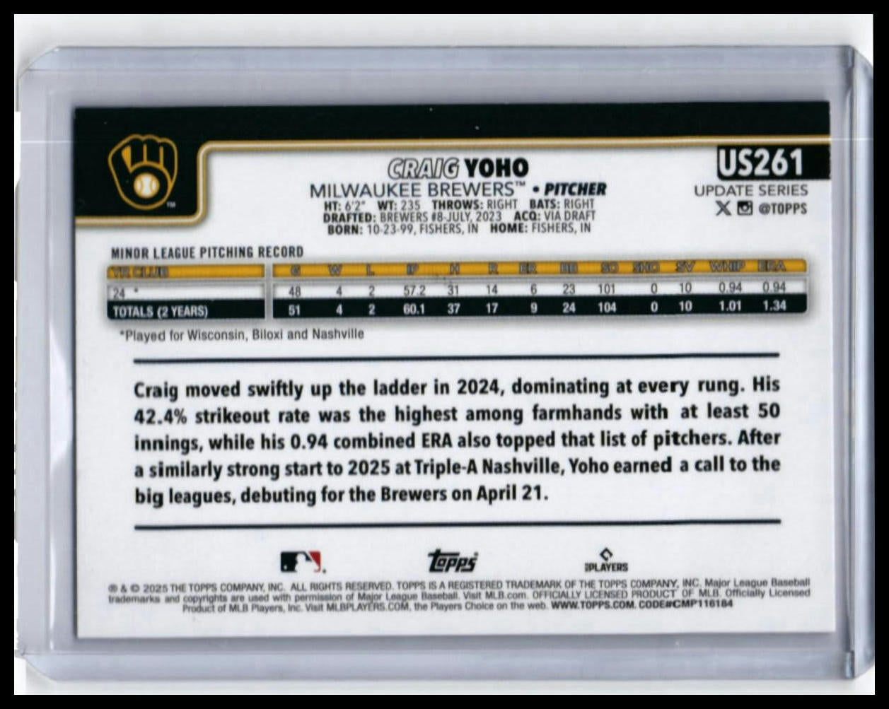 2025 Topps Update Series Craig Yoho RC #US261 Milwaukee Brewers Pitcher — back
