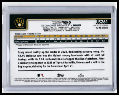 2025 Topps Update Series Craig Yoho RC #US261 Milwaukee Brewers Pitcher — back