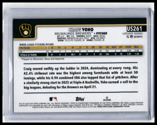 2025 Topps Update Series Craig Yoho RC #US261 Milwaukee Brewers Pitcher — back