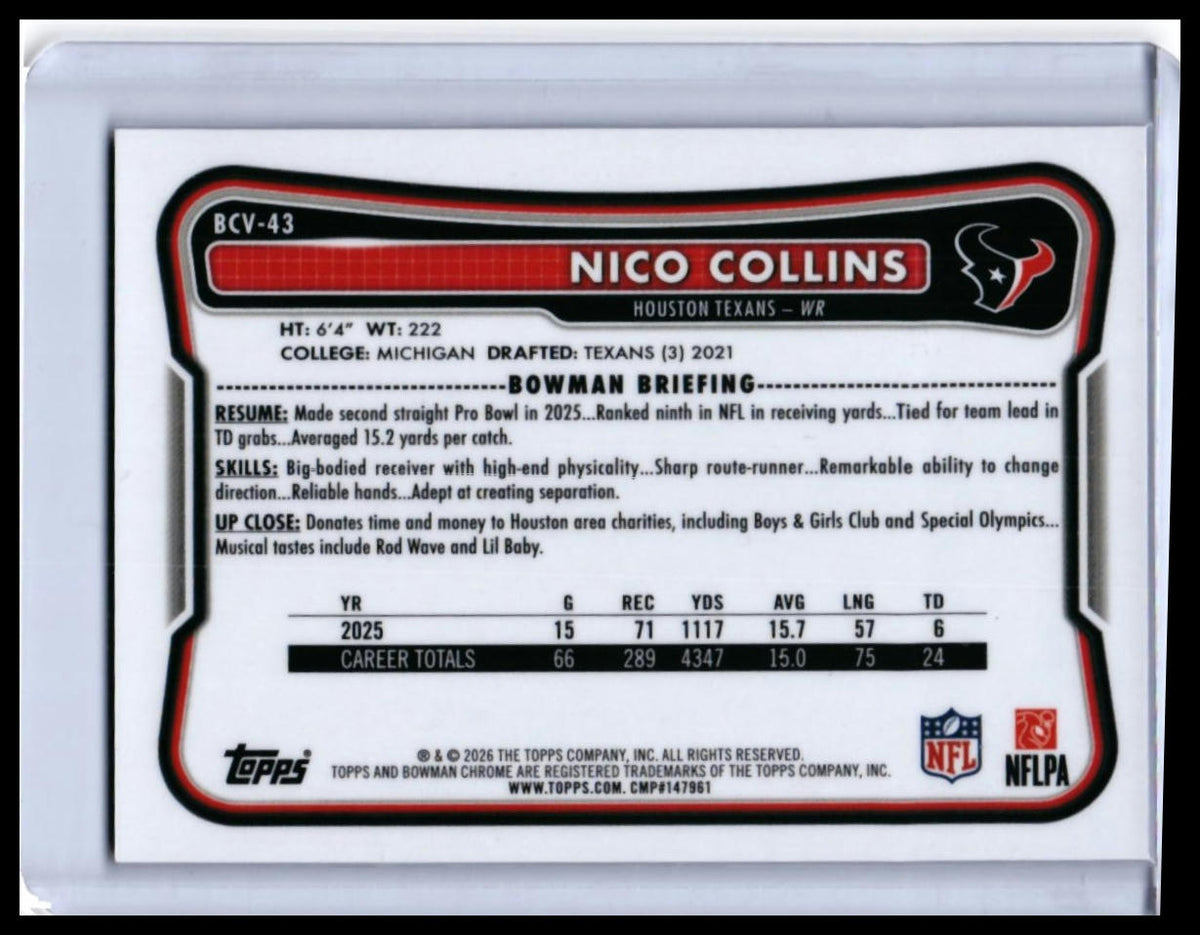 2026 Bowman Chrome Nico Collins Purple Refractor #BCV-43 /299 Houston Texans — back
