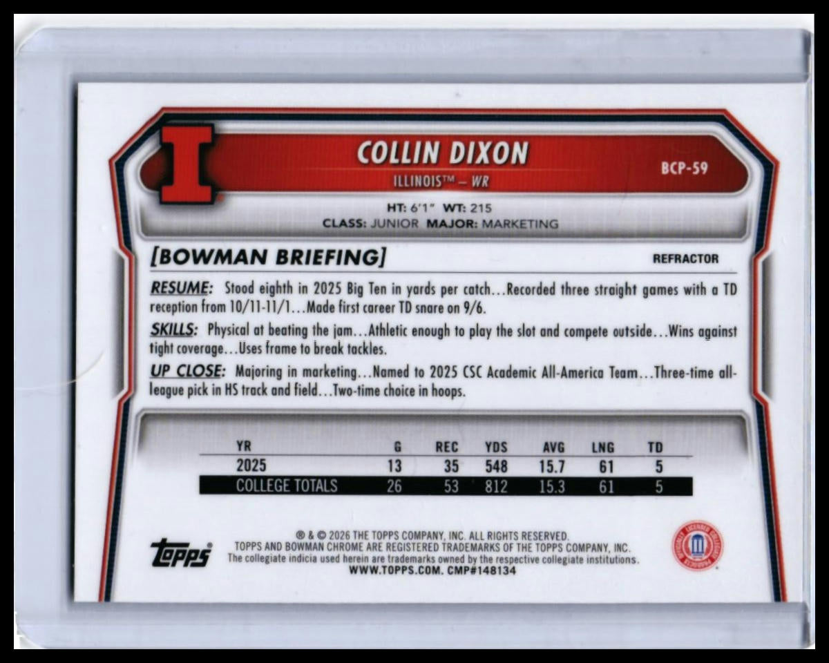 2026 Bowman Chrome University Collin Dixon Refractor #BCP-59 /499 Illinois WR — back