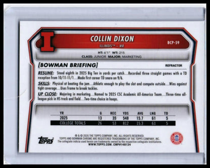 2026 Bowman Chrome University Collin Dixon Refractor #BCP-59 /499 Illinois WR — back