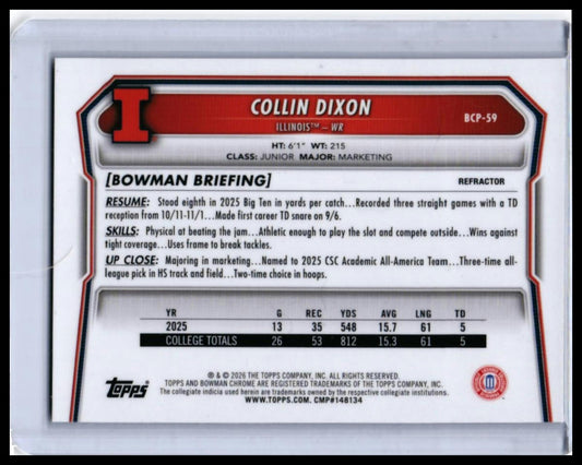 2026 Bowman Chrome University Collin Dixon Refractor #BCP-59 /499 Illinois WR — back