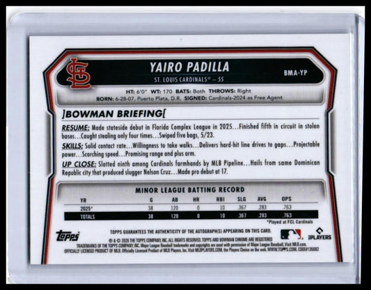 2026 Bowman Chrome Yairo Padilla Auto Mojo Refractor #BMA-YP Cardinals SS — back