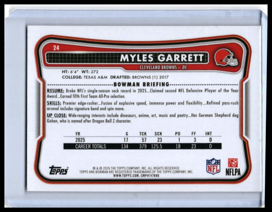 2026 Bowman Myles Garrett #24 Yellow Parallel /275 Cleveland Browns — back